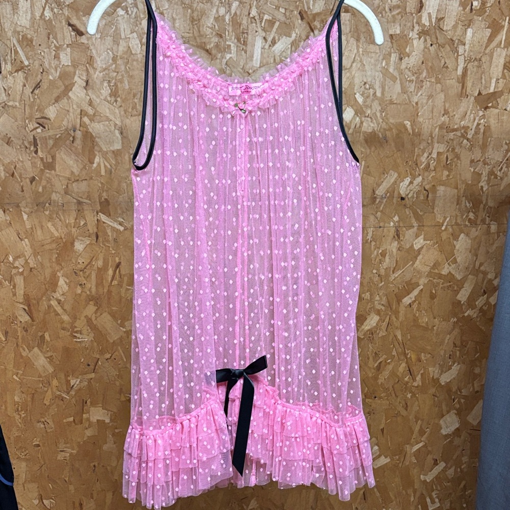 Vintage Betsey Johnson Sheer Polka Dot Nightgown with Black Bow